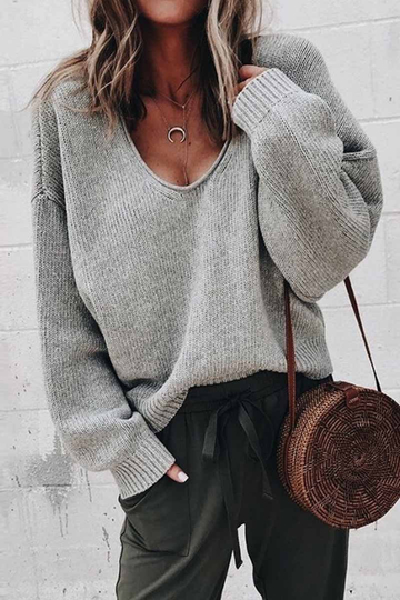 Loose V Neck Solid Sweater