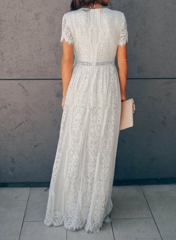 V Neck Short Sleeve Lace Maxi Dress