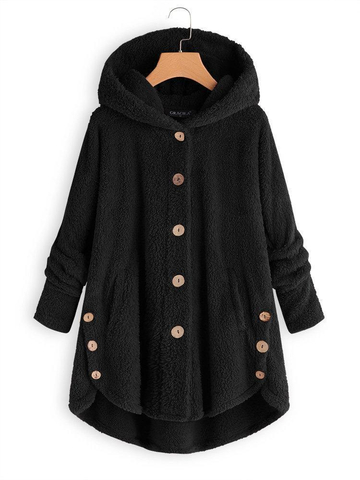 Fleece Hooded Asymmetrical Hem Button Coat