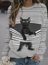 Cartoon Cat Print Striped O-neck Long Sleeve Sweatshirt