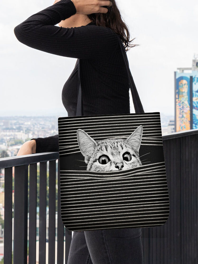 Women Felt Cat Stripe Pattern Printing Handbag Shoulder Bag Tote