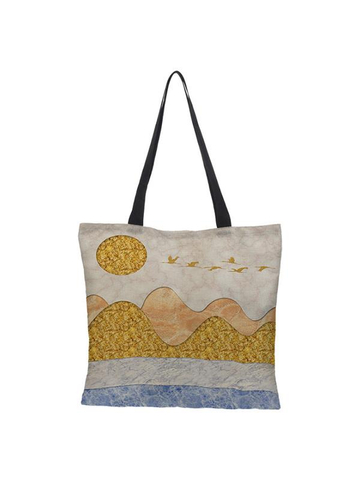 Geometric abstract lake mountain peak sunshine linen handbag