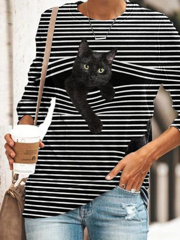 Black and White Stripe Cat Print Crew Neck Sweatshirt