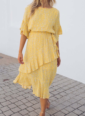 Round Neck Ruffled Sleeves Floral Dress