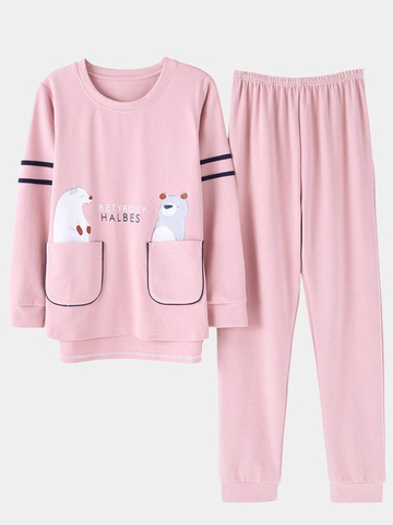 Plus Size Cute Bear Print Pajamas Long Sets Cartoon Long Sleeves Cotton Sleepwear For Winter Spring