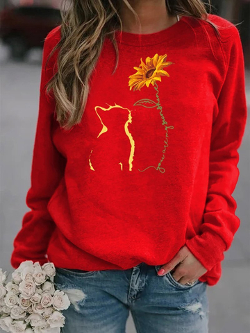 Cat and Sunflower Print Crew Neck Sweatshirt