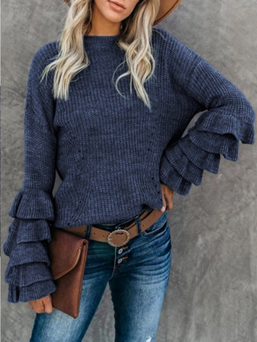 Autumn Fashion Petal Sleeve Casual Solid Color Knitted Sweater