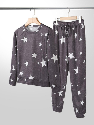 Women Allover Stars Hearts Print O-Neck Drawstring Beam Feet Pants Two Pieces Pajamas