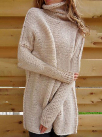 Fashion Women's Oversized Plain High Neck Long Sleeve Tunic Sweater