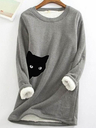 Cartoon Cat Print Long Sleeve Casual Plush Sweatshirt For Women