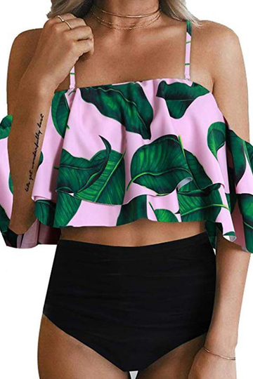 Leaf Print Ruffle Bikini Set