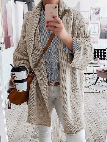 Autumn/Winter Solid Color Casual Mid-length Knitted Jacket Coat