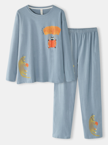 Women 100% Cotton Cute Cartoon Cats Print Long Sleeve Loose Two-Piece Home Pajamas Set