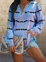 Striped Printed V-neck Buttoned Long-sleeved T-shirt