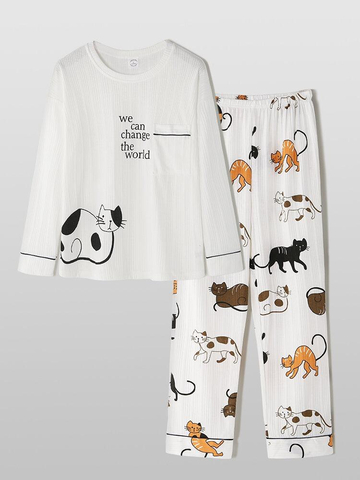 Women Cotton Ribbed Cartoon Cat Letter Printed Round Neck Cute Long Sleepwear Sets