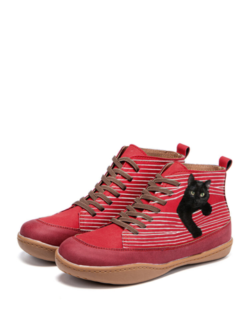 Black Cat Print Casual Lace Up Splicing Suede Flat Ankle Boots For Women