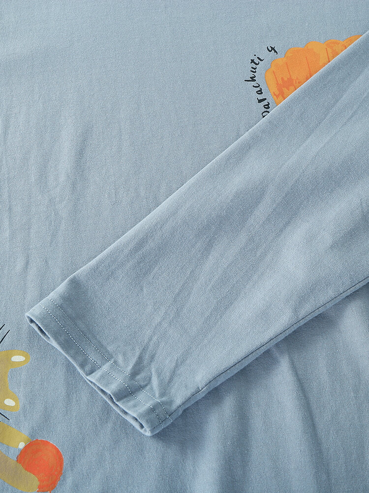 Women 100% Cotton Cute Cartoon Cats Print Long Sleeve Loose Two-Piece Home Pajamas Set