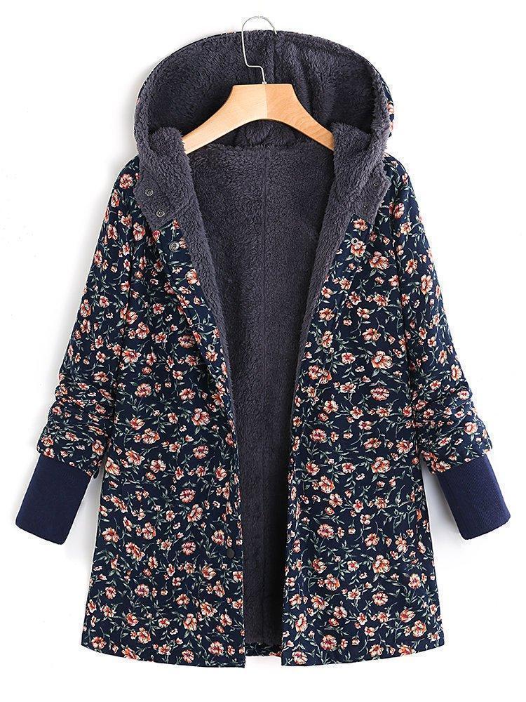 Floral Printed Hooded Long Sleeve Fleece Coat