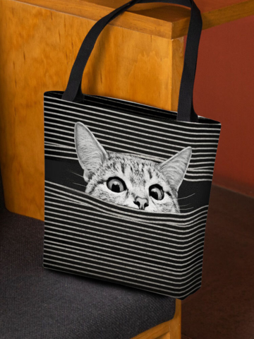 Women Felt Cat Stripe Pattern Printing Handbag Shoulder Bag Tote