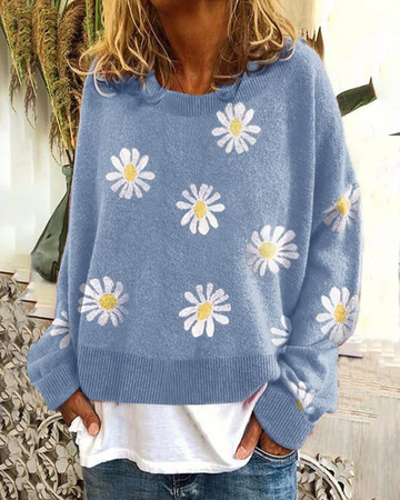 Sweet Daisy Pattern Round Neck Casual Sweater