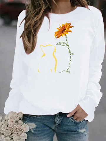 Cat and Sunflower Print Crew Neck Sweatshirt