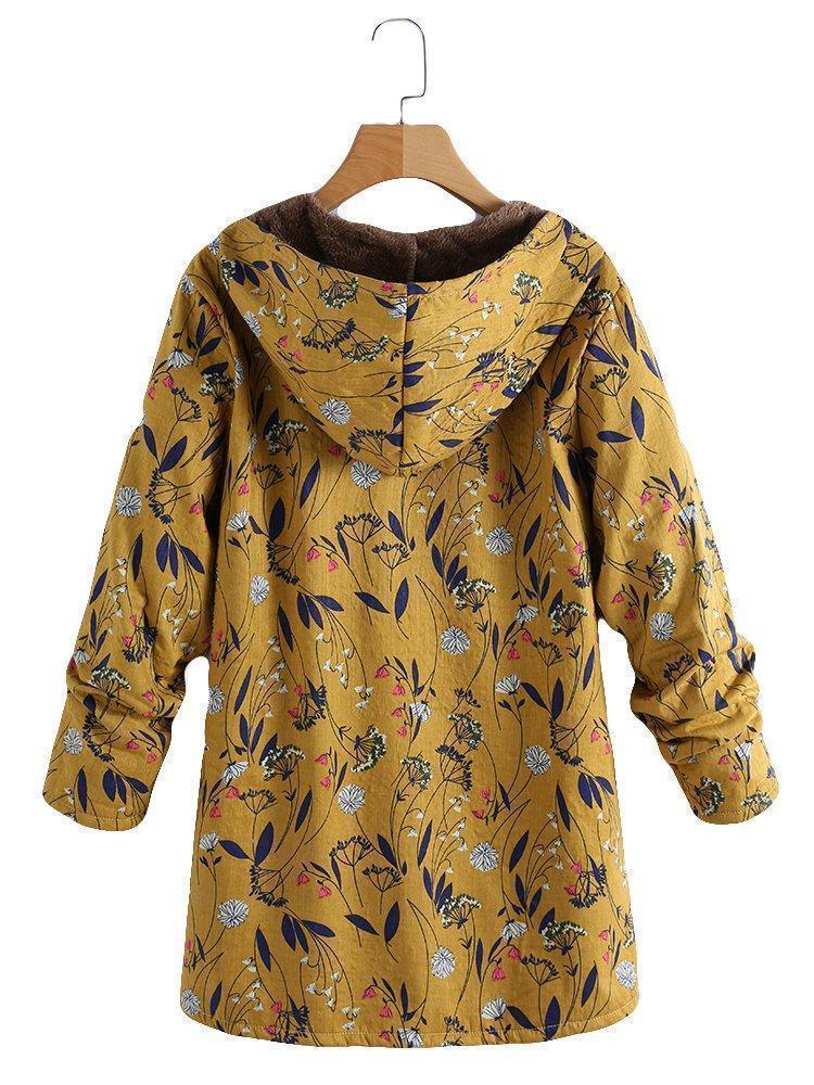 Floral Print Hooded Long Sleeve Pockets Vintage Coat