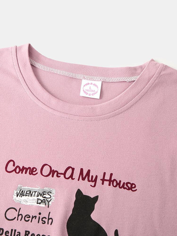 Women Cotton Patchwork Cat Text Printed Round Neck Home Loungewear Sets