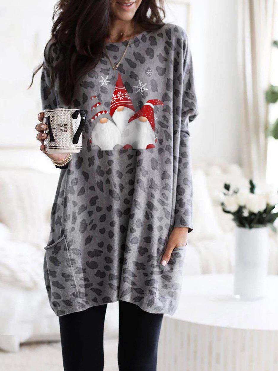 Women's Scandinavian Gnomes Christmas Leopard  Print Long Shirt