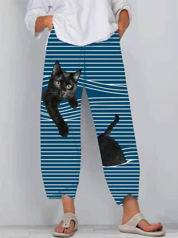 Black Cat Print Striped Patchwork Elastic Waist Plus Size Pants