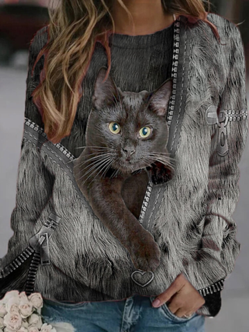 Black Cat Print Long Sleeves O-neck Casual Sweatshirt For Women