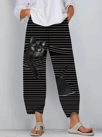 Black Cat Print Striped Patchwork Elastic Waist Plus Size Pants