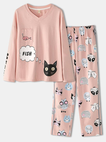 Women Cotton Cute Cat Letter Print V-Neck Chest Pocket Long Pajamas Sets