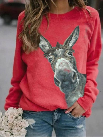 Donkey Head Printed Round Neck Long Sleeve Women's T-Shirt