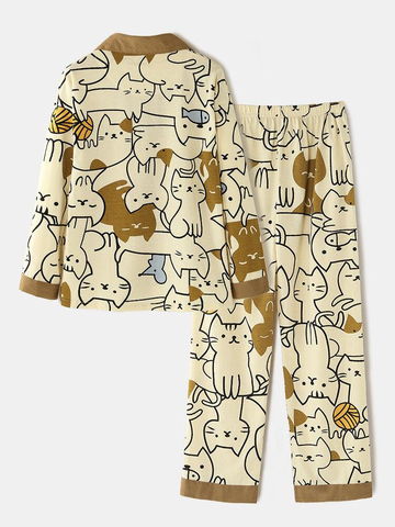 Women Cotton Allover Cute Cartoon Cat Print Cozy Lapel Collar Long Pajamas Sets