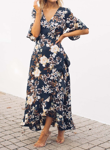 Short Sleeve Floral Print Maxi Dress