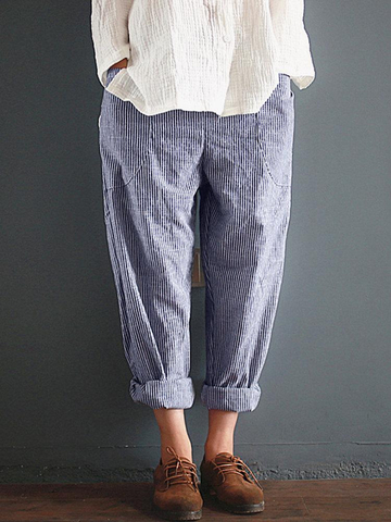 Casual Stripe Loose Elastic Waist Women Pants With Pockets