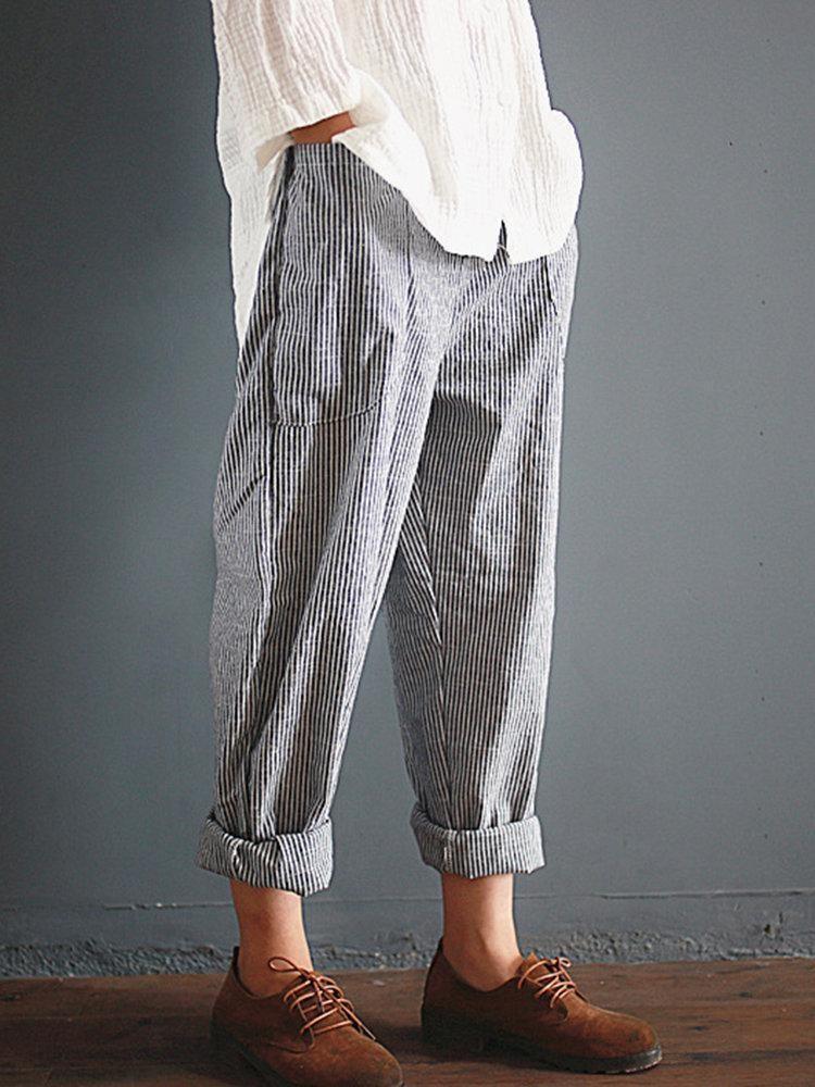 Casual Stripe Loose Elastic Waist Women Pants With Pockets