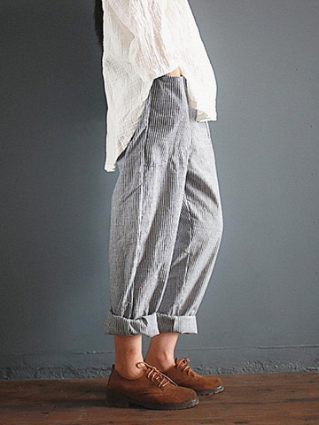 Casual Stripe Loose Elastic Waist Women Pants With Pockets