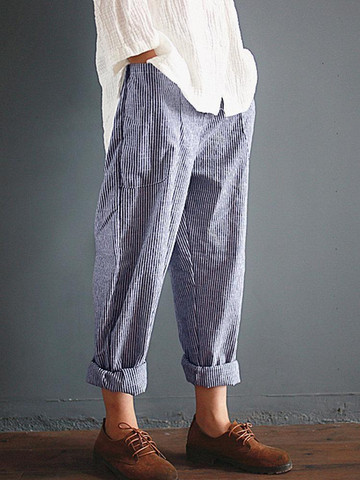 Casual Stripe Loose Elastic Waist Women Pants With Pockets