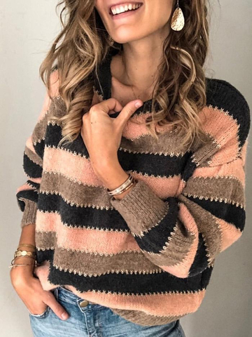 PLUS SIZE LONG SLEEVE FASHION STRIPED PRINTED CASUAL SWEATER