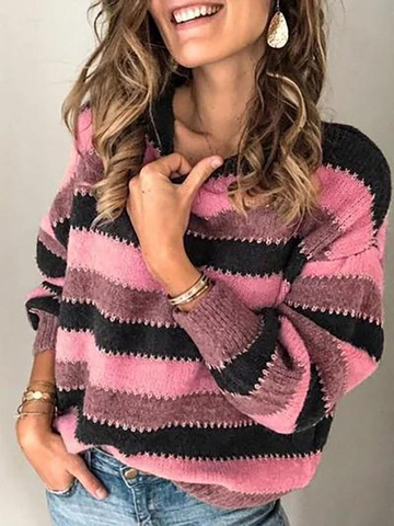 PLUS SIZE LONG SLEEVE FASHION STRIPED PRINTED CASUAL SWEATER