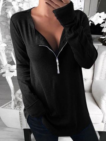 Casual Plain V-neck Long Sleeve Zipper Shirt