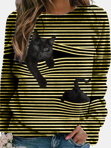Cat Print Long Sleeve Black Striped Plus Size T-shirt