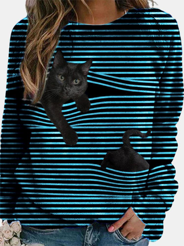 Cat Print Long Sleeve Black Striped Plus Size T-shirt