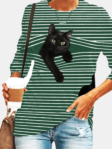 Black Cat Print Long Sleeve O-neck White Striped Plus Size T-shirt