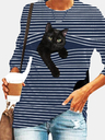 Black Cat Print Long Sleeve O-neck White Striped Plus Size T-shirt