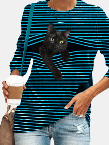 Black Cat Print Long Sleeve O-neck White Striped Plus Size T-shirt