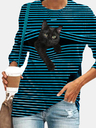 Black Cat Print Long Sleeve O-neck White Striped Plus Size T-shirt