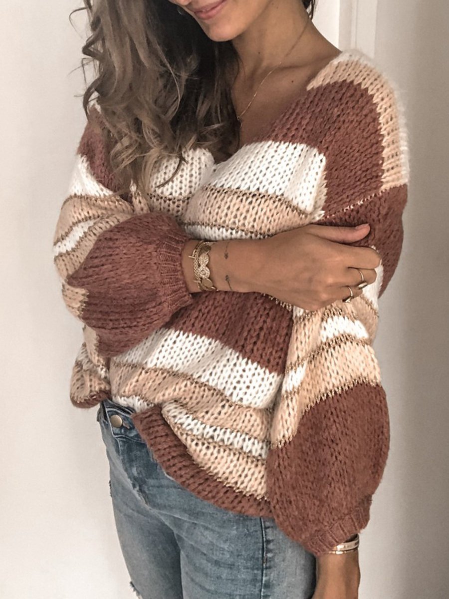 V Neck Color-Block Striped Casual Lady's Sweaters