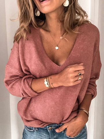 Solid Long Sleeve V Neck Sweaters For Lady
